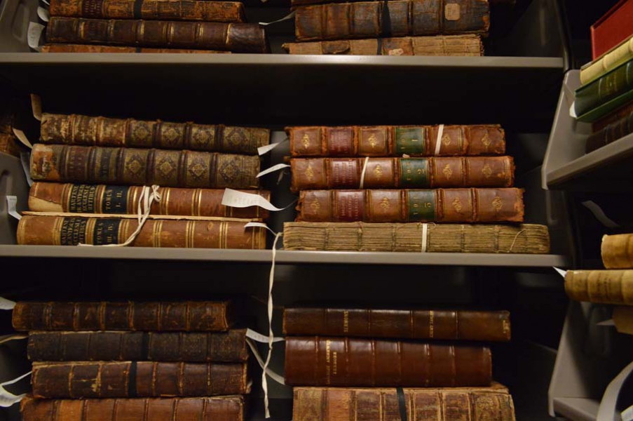 close up of books in the Saunderson Rare Books Room