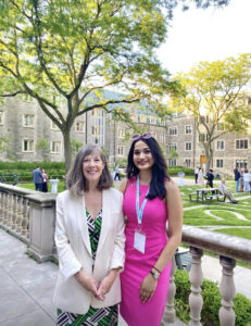 Provost Mayo Moran and Disha Nayak in the Trinity Quad